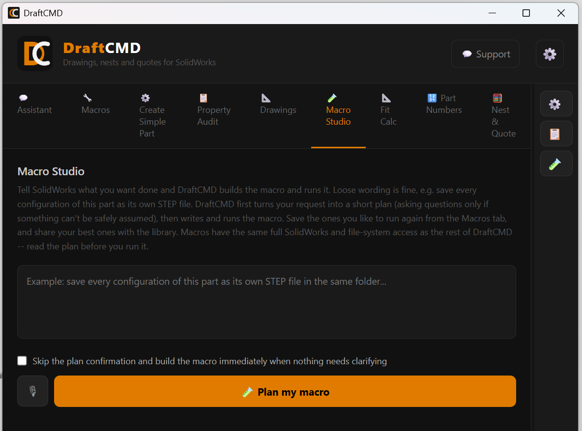 The Macro Studio tab with a text box for describing the job and a Plan my macro button.