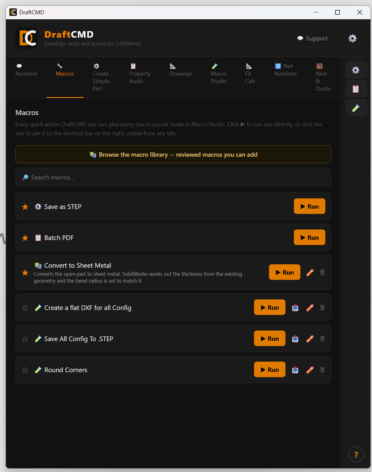 The Macros tab listing quick actions such as Save as STEP and Batch PDF, plus saved scripts, each with a Run button and a star to pin it to the shortcut bar.