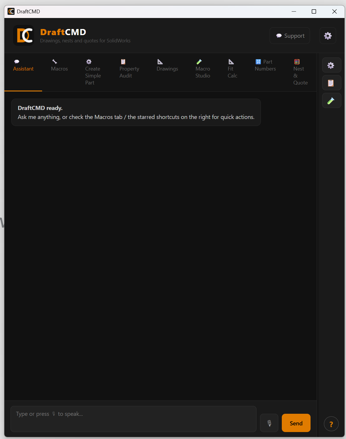 The DraftCMD panel docked inside SolidWorks 2026, showing the Assistant tab with the tab bar across the top: Assistant, Macros, Create Simple Part, Property Audit, Drawings, Macro Studio, Fit Calc, Part Numbers and Nest and Quote.