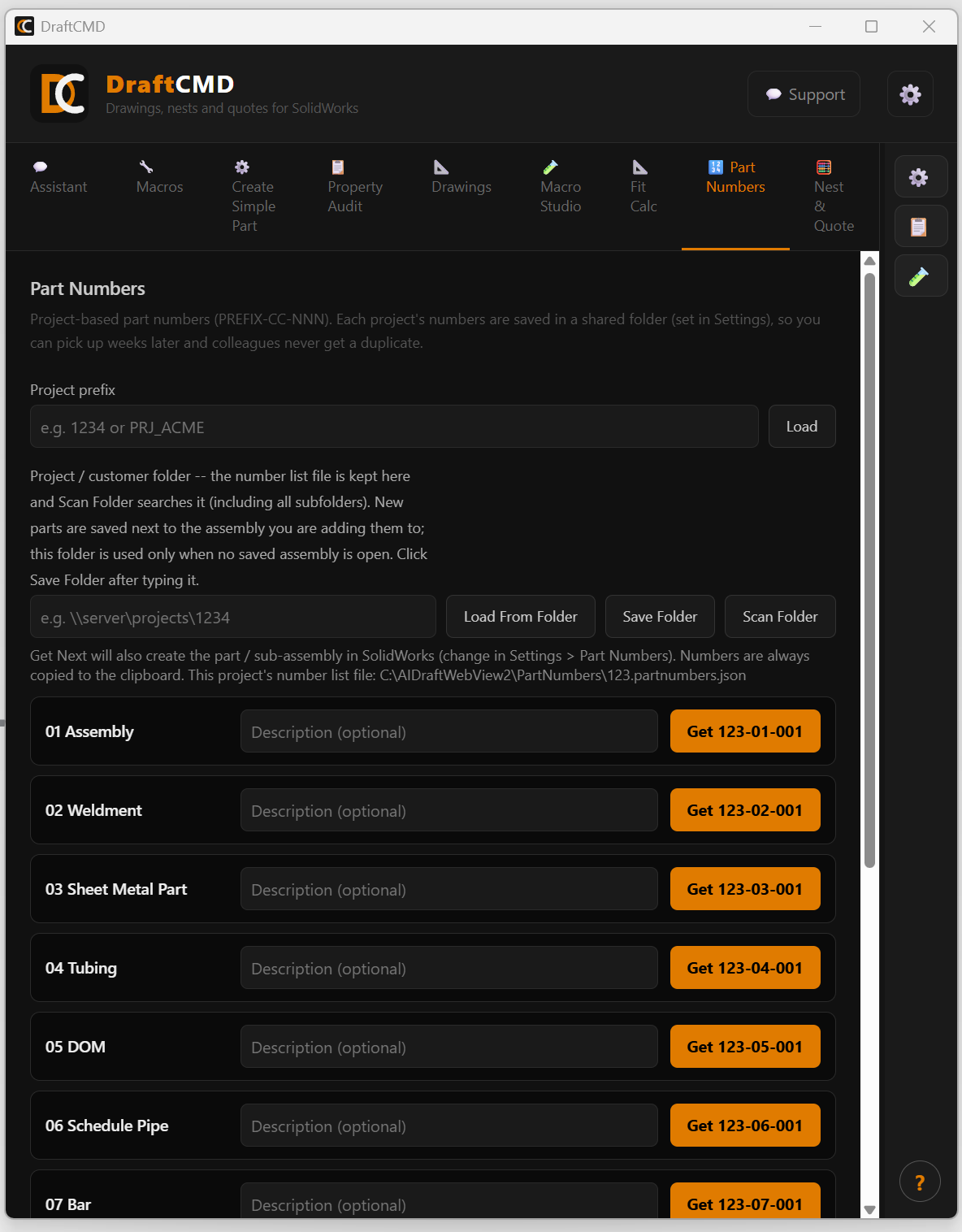 The Part Numbers tab.